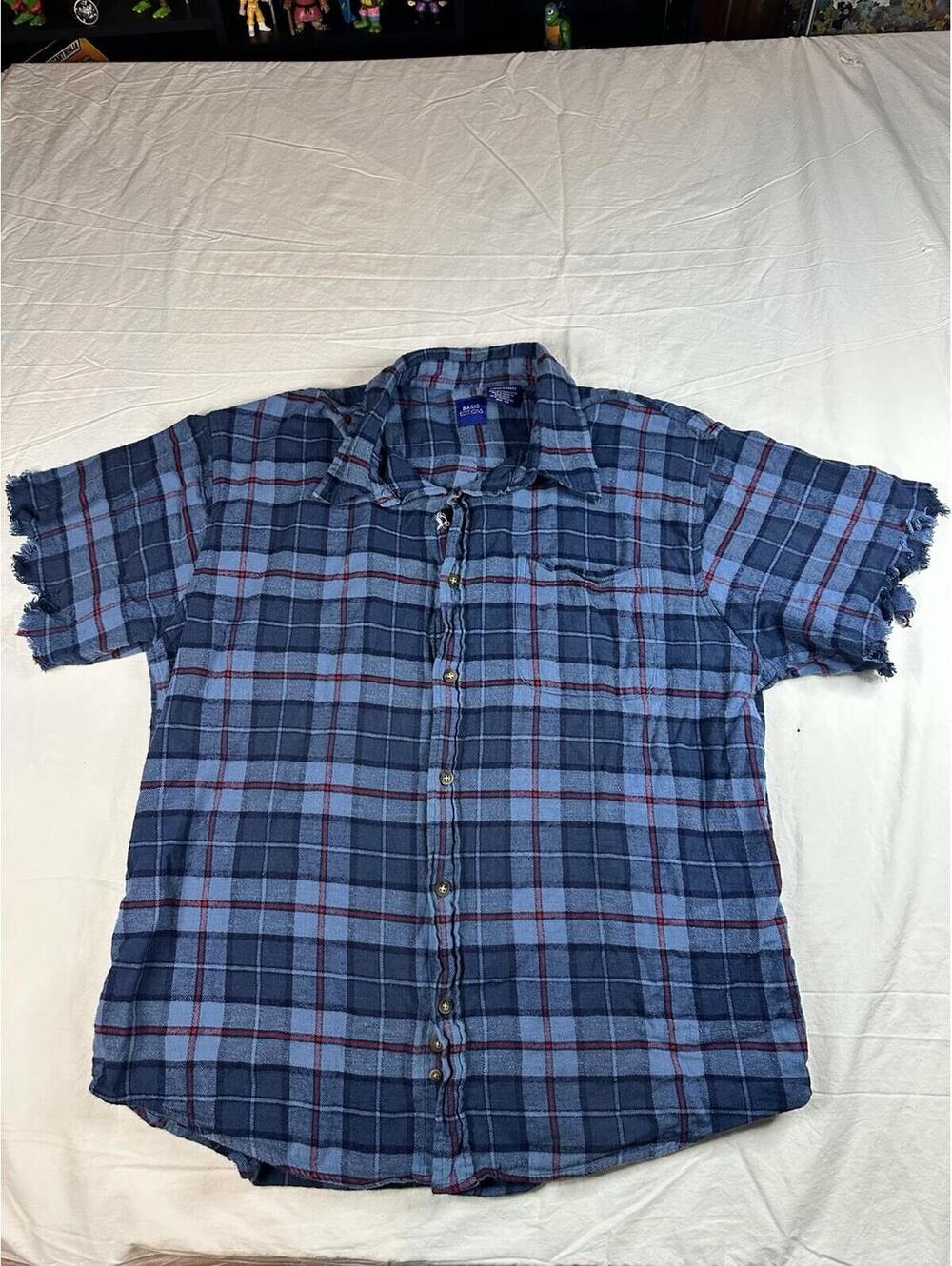 🧵✨ Vintage Plaid Flannel Shirt – Raw Edge Sleeves Grunge Boho L ✨🧵